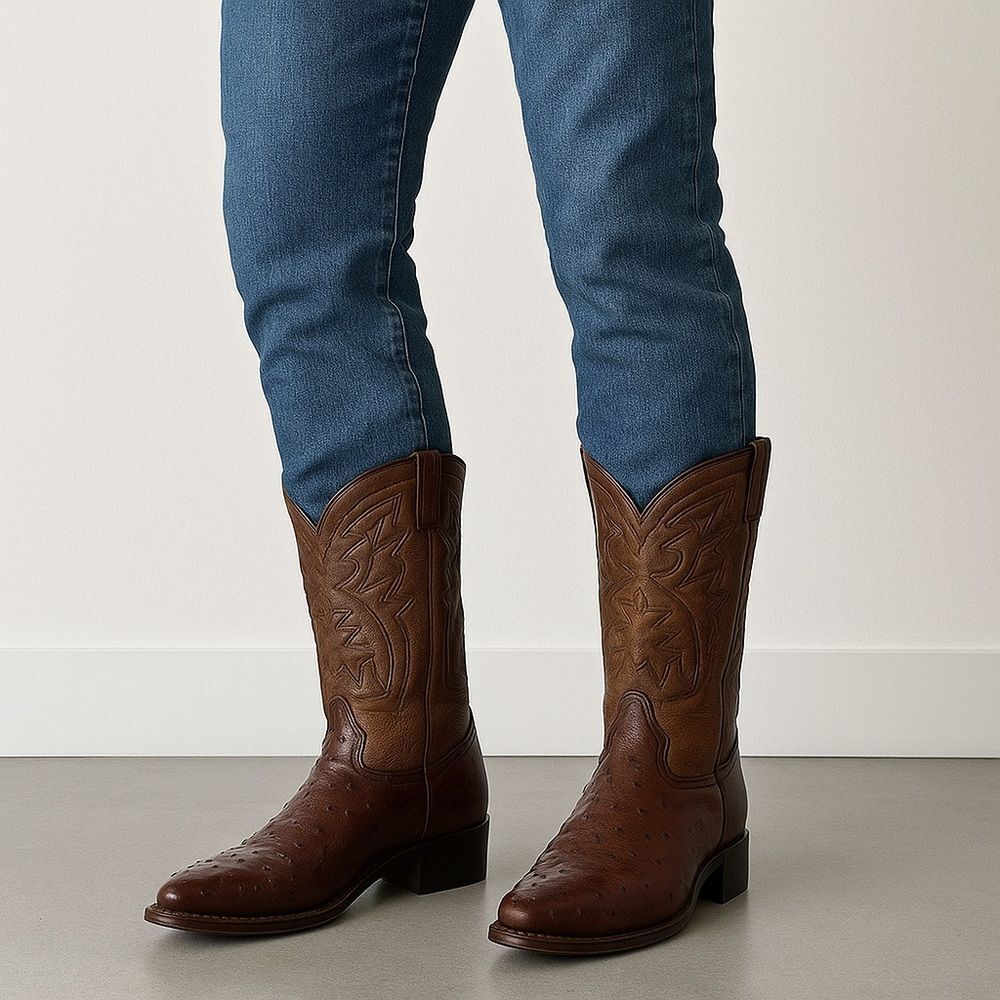 Men's Brown Full Quill Ostrich & Leather Cowboy Boots 9.5